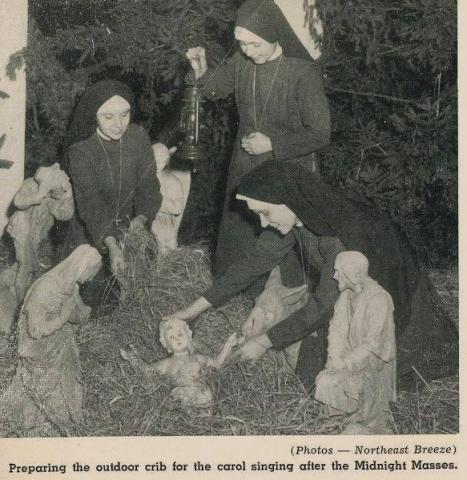 Preparing the stone-carved crib at the motherhouse, 1953